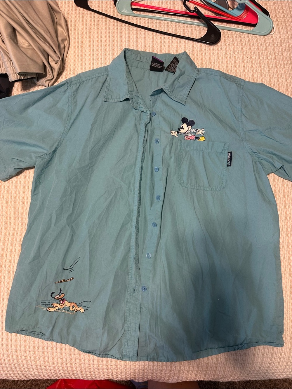 Disney Light Teal Short-Sleeve Button-Down Shirt with Mickey Embroidery